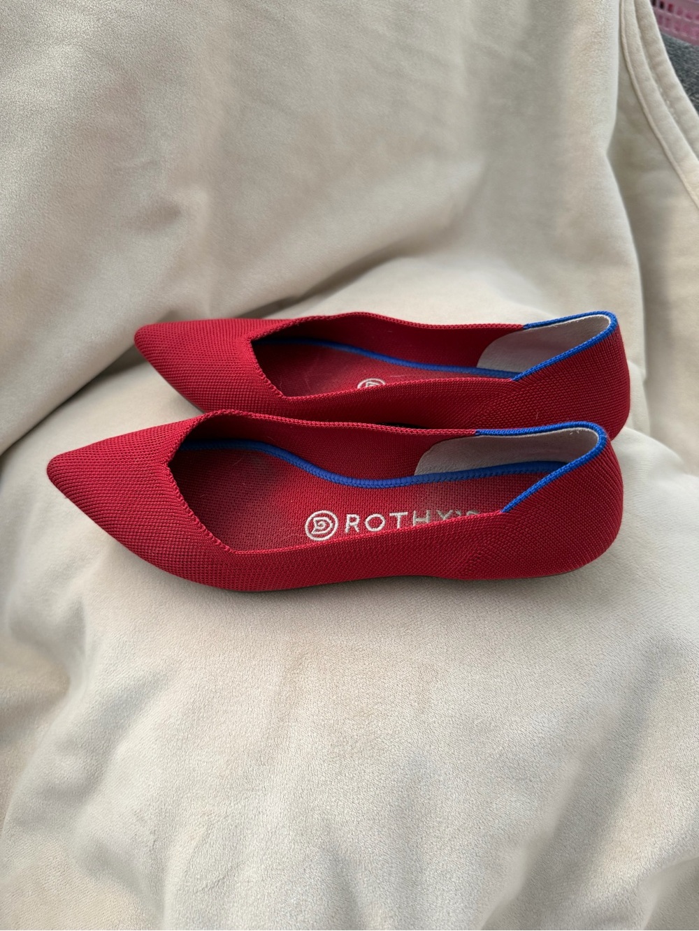 Rothy's Red Pointed Slip-On Ballet Flats with Blue Trim